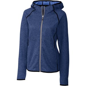 A ladies' hooded jacket in blue, featuring a zip front and contrasting inner lining, with a logo on the side.