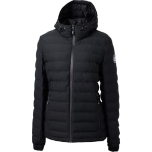 A black Ladies Mission Ridge Puffer Jacket with a hood and zippered pockets, featuring a logo on the sleeve.