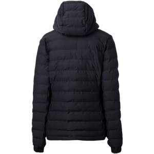 A black puffer jacket with a hood, featuring a quilted design and elastic cuffs, alongside a logo.