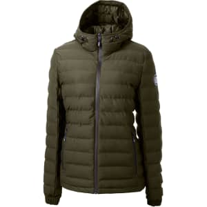 A green puffer jacket with a hood, featuring zippered pockets and a logo on the sleeve.
