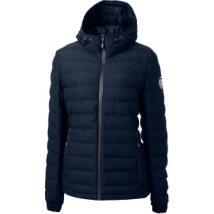 A navy blue ladies puffer jacket with a hood, featuring zip-up front and side pockets. Includes a branding logo.
