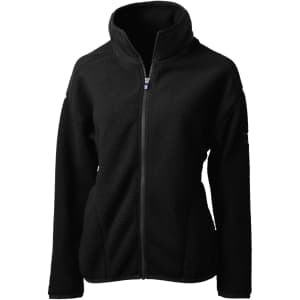A black eco Sherpa jacket with a zip front and high collar, featuring a logo on the sleeve.