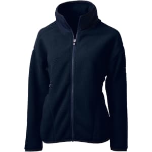 A dark navy eco-friendly Sherpa jacket with a high collar and a zippered front, featuring a logo.
