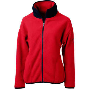 A red eco sherpa jacket with a navy collar and zip closure, featuring a logo on the sleeve.