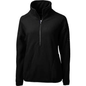 A black eco-friendly half zip jacket with a soft, Sherpa texture, featuring a zippered front and a logo on the sleeve.