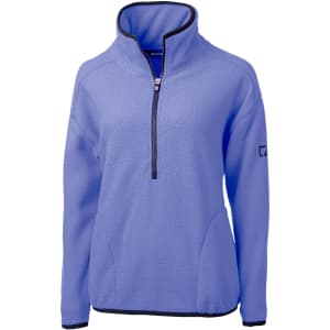 A light purple eco-friendly half zip jacket made from Sherpa fabric, featuring a zipped collar and a logo.