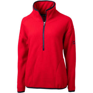 A red eco-friendly half zip jacket with a high collar and contrasting navy trim. Features a logo on the sleeve.