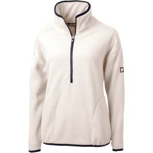 A cream-coloured half-zip fleece jacket with a high collar and a logo on the sleeve.