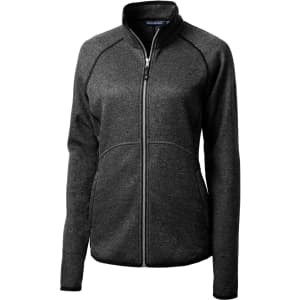 A full zip jacket in charcoal grey with a fitted design and a logo on the chest.