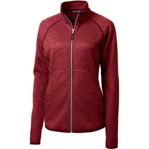 A red full zip jacket with a fitted design and zippered pockets. It features a branding logo on the garment.
