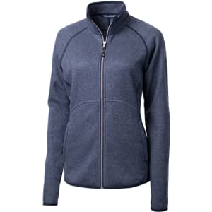 A dark grey full zip jacket for women, featuring a zip closure and a sleek, fitted design. It has a logo on it.