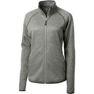A grey full zip jacket designed for ladies, featuring a zip front and side pockets, with a logo on the chest.
