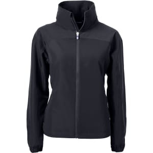 A black full zip jacket featuring a high collar and a logo. Suitable for women's wear.