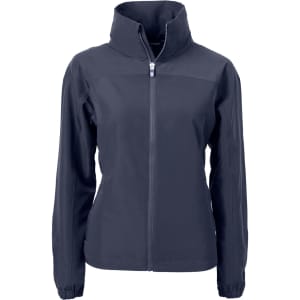 A navy women's full zip jacket featuring a high collar and long sleeves. The jacket has a small logo on it.