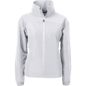A light grey, full zip jacket for ladies with a high collar and a branded logo. Ideal for various casual occasions.