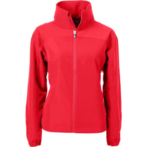 A bright red full zip jacket featuring a high collar and a logo. Suitable for women.
