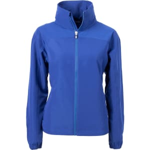 A blue full zip jacket for women featuring a high collar and long sleeves, with a logo on it.