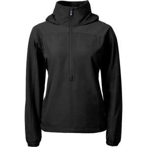 A black ladies’ anorak jacket with a hood and a front zip, featuring a logo. Ideal for rainy weather.