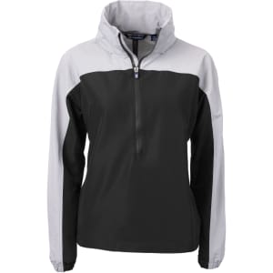 A black and grey women's anorak jacket with a half-zip and hood, featuring a logo on the chest.