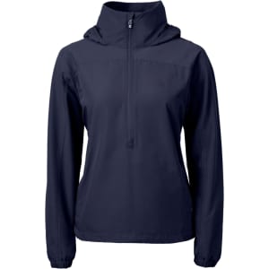 A navy Ladies Charter Anorak Jacket with a hood and front zip. The jacket features a logo on the side.