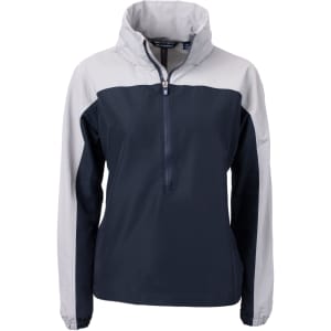 A rain jacket featuring a navy and grey colour scheme, with a half-zip and hood. It has a logo on the front.