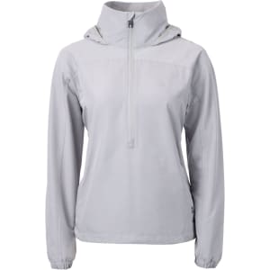 A lightweight grey women's anorak jacket featuring a hood and a front zipper. It has a small logo on the side.