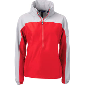 A red and grey ladies' anorak jacket with a zip and a high collar, featuring a logo on one side.