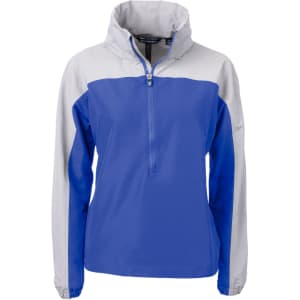 A blue and grey Ladies Charter Anorak Jacket featuring a half-zip design and a hood. It has a logo.