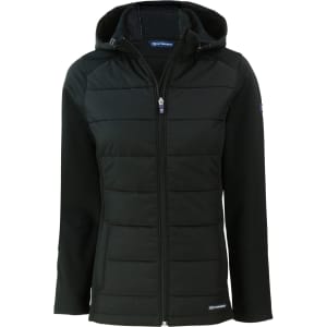 A black soft shell jacket featuring a zip-up front, hood, and a quilted body design. It has a logo on one sleeve.