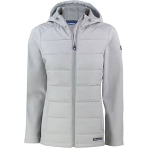 A light grey soft shell jacket with a hood and zip closure, featuring a logo on the front.