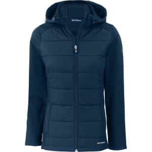 A navy blue soft shell jacket with a hood, featuring quilted front panels and a logo on the sleeve.