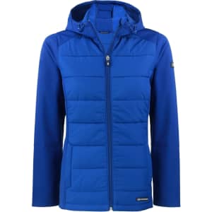 A blue soft shell jacket with a hood, featuring a zip front and a logo on the sleeve.