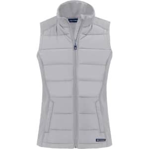 A light grey women's eco hybrid vest featuring a zip front, padded design, and a logo on the lower hem.