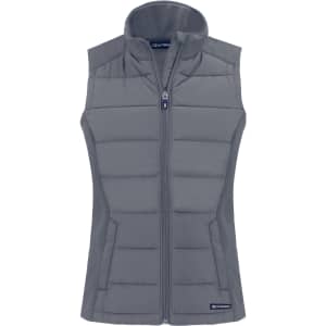 A grey eco hybrid vest with a high collar and zip front, featuring a logo on the lower side.