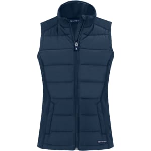 A navy blue ladies' vest with a zip front and padded sections, featuring a logo.