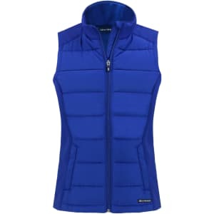 A blue eco hybrid vest with a zip front and a stand-up collar, featuring a logo on the hem.