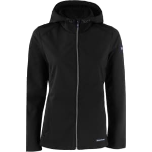 A black softshell jacket with a hood and front zip, featuring a logo.