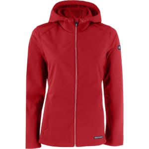 A red softshell jacket with a hood and a zip front, featuring a logo on one sleeve.