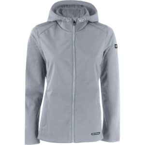 A softshell jacket in light grey with a hood, featuring a side logo and a zip front closure.