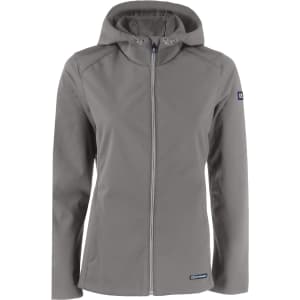 A grey softshell jacket with a hood and zip front, featuring a logo on the sleeve.
