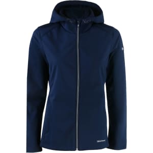 A navy softshell jacket with a hood, featuring a front zip and a logo on one sleeve.