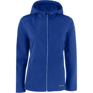 A blue softshell jacket for ladies with a hood and a front zip, featuring a logo on the sleeve.