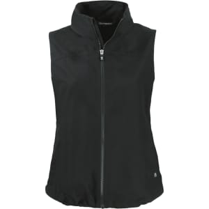 A sleeveless black vest with a high collar and front zipper. It features a logo on the side.