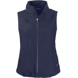 A navy blue eco vest features a zip front and a mandarin collar, with a logo on the side.