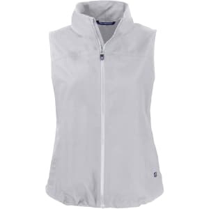A light grey vest with a high collar and front zipper, featuring a logo. Ideal for layering or outdoor activities.