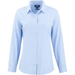 A blue and white gingham check shirt with long sleeves and a button-up front, featuring a logo on the label.