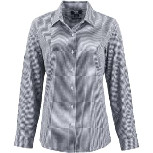 A ladies' shirt in a black and white gingham pattern, featuring long sleeves and a collared neckline. It has a logo.
