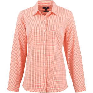 A ladies' shirt in a vibrant orange gingham pattern with long sleeves and a collar, featuring a logo.
