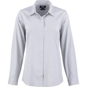 A ladies' shirt in light blue and white gingham pattern, featuring a button-up front and long sleeves.