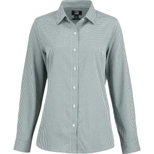 A fitted ladies shirt in green and white gingham pattern with long sleeves and a collared neckline. Features a logo.